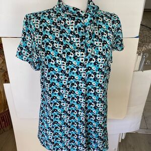 Turquoise black floral print tie front top 100%silk lining 100% polyester new